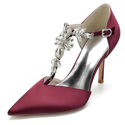 DANOBAB Damen Hochzeitsschuhe Spitze Schnalle Knöchelriemen Platzschuhe Strass Klassische geschlossene Spitze High Heel Pumps Party Office,Burgundy,41 von DANOBAB