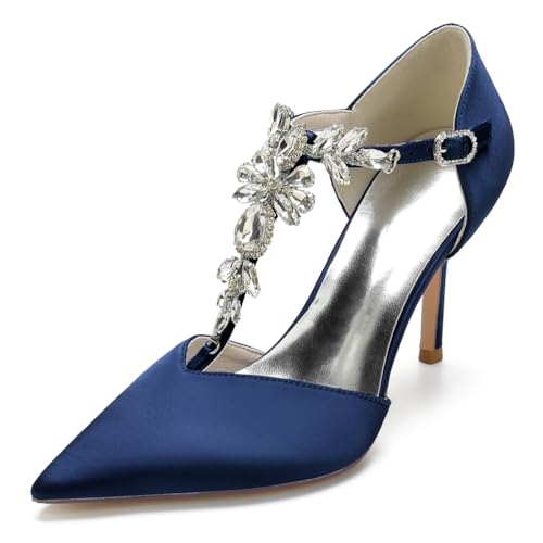 DANOBAB Damen Hochzeitsschuhe Spitze Schnalle Knöchelriemen Platzschuhe Strass Klassische geschlossene Spitze High Heel Pumps Party Office,Dark Blue,38 von DANOBAB