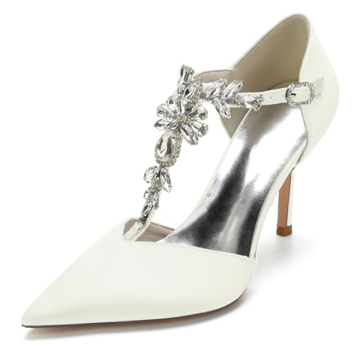 DANOBAB Damen Hochzeitsschuhe Spitze Schnalle Knöchelriemen Platzschuhe Strass Klassische geschlossene Spitze High Heel Pumps Party Office,Elfenbein,40 von DANOBAB