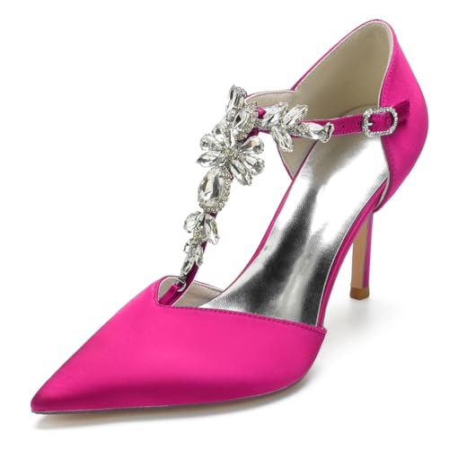 DANOBAB Damen Hochzeitsschuhe Spitze Schnalle Knöchelriemen Platzschuhe Strass Klassische geschlossene Spitze High Heel Pumps Party Office,Rose red,37 von DANOBAB