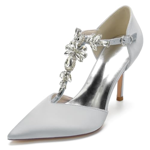 DANOBAB Damen Hochzeitsschuhe Spitze Schnalle Knöchelriemen Platzschuhe Strass Klassische geschlossene Spitze High Heel Pumps Party Office,Silber,38 von DANOBAB