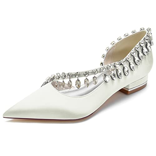 DANOBAB Damen Hochzeitsschuhe mit Niedrigem Absatz - Elegante Flats aus Satin mit Strass Perfekt für Braut, Brautjungfer Prom Ballett Slip-On Pumps,Elfenbein,37 DANOBAB Damen Hochzeitsschuhe mit Niedrigem Absatz - Elegante Flats aus Satin mit Strass Perfekt für Braut, Brautjungfer Prom Ballett Slip-On Pumps,Elfenbein,37 von DANOBAB