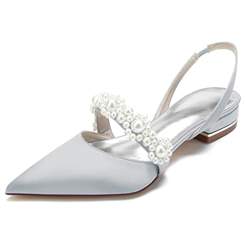 DANOBAB Damen Hochzeitsschuhe mit Spitzzehe und Perlen für Bräute Niedrige Satinabsätze, Komfortable Tanzflache Schuhe als Brautschuhe,Silber,41 von DANOBAB