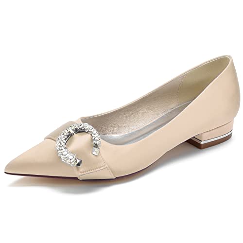 DANOBAB Damen Hochzeitsschuhe mit Spitzzehen & Spitzen Design - Flache Brautschuhe mit Niedrigem Absatz und Strass-Verzierung, Komfortabel & Elegant,Champagne,39 von DANOBAB