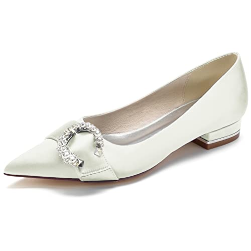 DANOBAB Damen Hochzeitsschuhe mit Spitzzehen & Spitzen Design - Flache Brautschuhe mit Niedrigem Absatz und Strass-Verzierung, Komfortabel & Elegant,Elfenbein,40 von DANOBAB