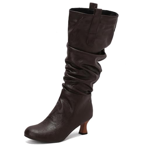 DANOBAB Damen-Kniehochstiefel, Komfortable Stämmige Absätze, Spitzenzehen, Seitlicher Reißverschluss zum Einfädeln, PU-Reitstiefel für junge Frauen,Dark brown,38 von DANOBAB