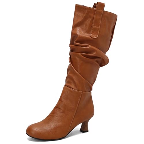 DANOBAB Damen-Kniehochstiefel, Komfortable Stämmige Absätze, Spitzenzehen, Seitlicher Reißverschluss zum Einfädeln, PU-Reitstiefel für junge Frauen,Gelb,46 von DANOBAB