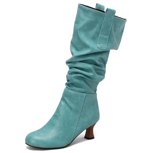 DANOBAB Damen-Kniehochstiefel, Komfortable Stämmige Absätze, Spitzenzehen, Seitlicher Reißverschluss zum Einfädeln, PU-Reitstiefel für junge Frauen,Grün,36 von DANOBAB