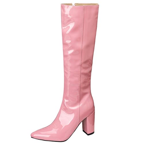 DANOBAB Damen Kniehochstiefel mit Blockabsatz, hohe Damenstiefel, Herbst/Winter-Stil, hochhackige Modestiefel aus Lackleder mit Reißverschluss,Rosa,37 von DANOBAB