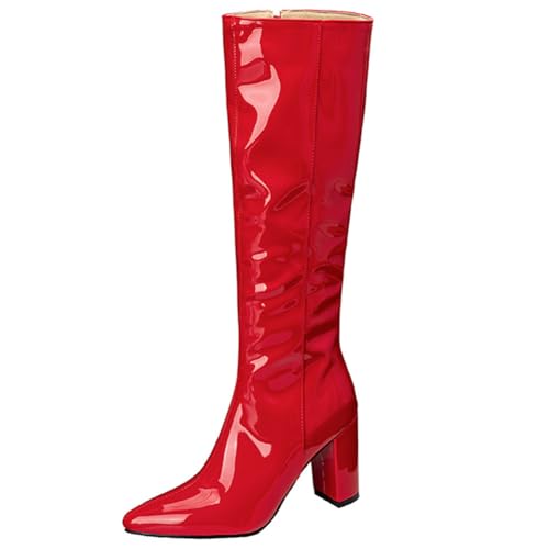 DANOBAB Damen Kniehochstiefel mit Blockabsatz, hohe Damenstiefel, Herbst/Winter-Stil, hochhackige Modestiefel aus Lackleder mit Reißverschluss,Rot,38 von DANOBAB