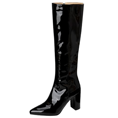 DANOBAB Damen Kniehochstiefel mit Blockabsatz, hohe Damenstiefel, Herbst/Winter-Stil, hochhackige Modestiefel aus Lackleder mit Reißverschluss,Schwarz,32 von DANOBAB