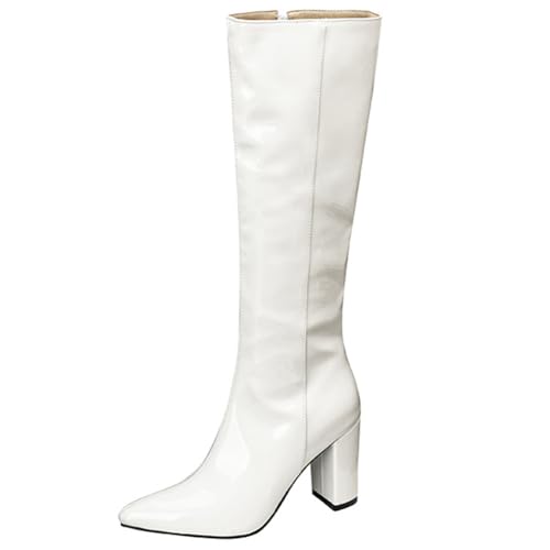 DANOBAB Damen Kniehochstiefel mit Blockabsatz, hohe Damenstiefel, Herbst/Winter-Stil, hochhackige Modestiefel aus Lackleder mit Reißverschluss,Weiß,38 von DANOBAB