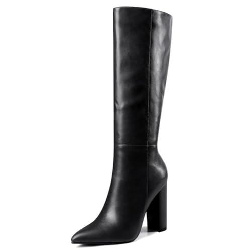 DANOBAB Damen Kniehohe Stiefel, Komfortable Stiefel mit massivem Blockabsatz, Spitzzehe, Seitlichem Reißverschluss zum Anziehen, aus PU,Schwarz,38 von DANOBAB