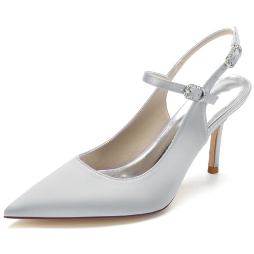 DANOBAB Damen Mary Jane Pumps mit High Heel und Kitten Low Heel, 8,5 cm hohe Absätze, Court Schuhe mit Spitzenzunge und Schnalle,Silber,41 von DANOBAB
