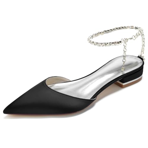 DANOBAB Damen Pumps für Hochzeit Geschlossene Spitze, Strass Verzierung, Massive Blockabsätze, Spitzer Zeh, niedriger Absatz, Verstellbarer Knöchelriemen,Schwarz,41 von DANOBAB