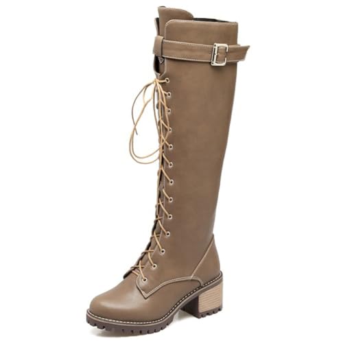 DANOBAB Damen-Reitstiefel/Combat-Stiefel mit hohem Schaft, stilvoll & bequem, flache runde Kappe, klassischer Seitenreißverschluss,Braun,40 von DANOBAB