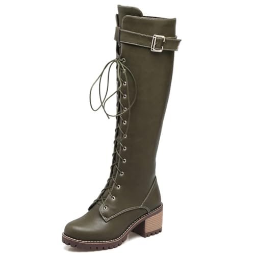 DANOBAB Damen-Reitstiefel/Combat-Stiefel mit hohem Schaft, stilvoll & bequem, flache runde Kappe, klassischer Seitenreißverschluss,Grün,39 von DANOBAB