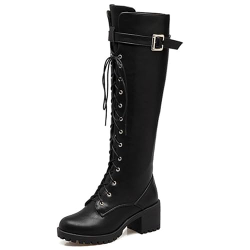 DANOBAB Damen-Reitstiefel/Combat-Stiefel mit hohem Schaft, stilvoll & bequem, flache runde Kappe, klassischer Seitenreißverschluss,Schwarz,40 von DANOBAB