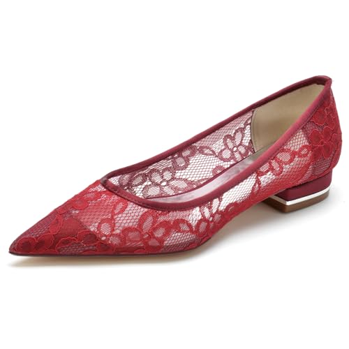 DANOBAB Damen Sandalen Flache Schuhe Chunky Bequem Slip On Spitze Pumps Geschlossene Zehe Spitze Kleid Braut Party Abschlussball Hochzeitsschuhe,Burgundy,37 von DANOBAB