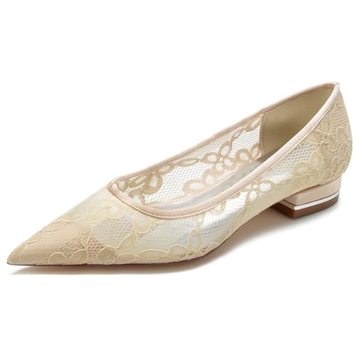 DANOBAB Damen Sandalen Flache Schuhe Chunky Bequem Slip On Spitze Pumps Geschlossene Zehe Spitze Kleid Braut Party Abschlussball Hochzeitsschuhe,Champagne,36 von DANOBAB