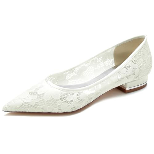 DANOBAB Damen Sandalen Flache Schuhe Chunky Bequem Slip On Spitze Pumps Geschlossene Zehe Spitze Kleid Braut Party Abschlussball Hochzeitsschuhe,Elfenbein,36 von DANOBAB