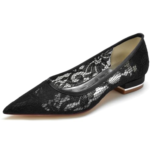 DANOBAB Damen Sandalen Flache Schuhe Chunky Bequem Slip On Spitze Pumps Geschlossene Zehe Spitze Kleid Braut Party Abschlussball Hochzeitsschuhe,Schwarz,39 von DANOBAB