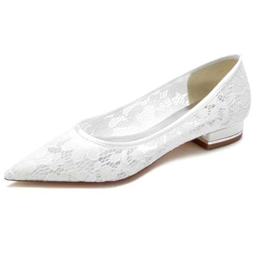 DANOBAB Damen Sandalen Flache Schuhe Chunky Bequem Slip On Spitze Pumps Geschlossene Zehe Spitze Kleid Braut Party Abschlussball Hochzeitsschuhe,Weiß,42 von DANOBAB