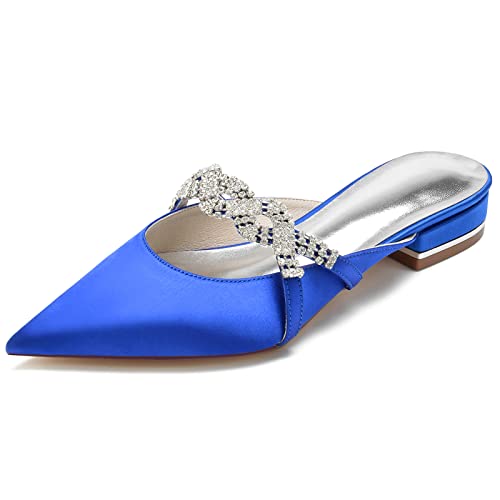 DANOBAB Damen Sandalen Spitze Spitze Satin Hochzeit Ballerinas für Braut Slip On Strass Abendschuhe,Blau,37 von DANOBAB