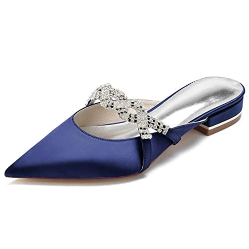 DANOBAB Damen Sandalen Spitze Spitze Satin Hochzeit Ballerinas für Braut Slip On Strass Abendschuhe,Dark Blue,43 von DANOBAB