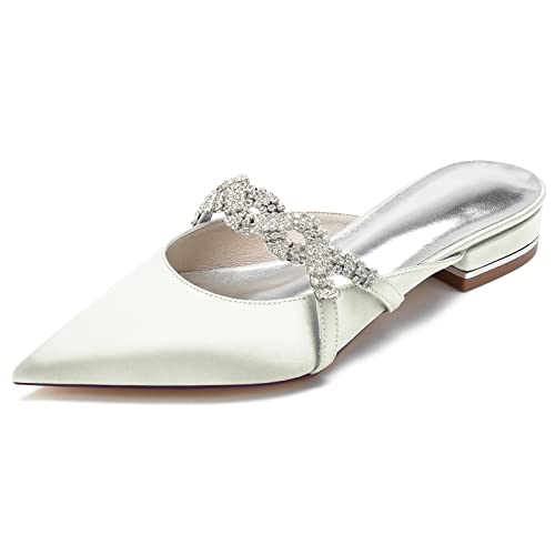 DANOBAB Damen Sandalen Spitze Spitze Satin Hochzeit Ballerinas für Braut Slip On Strass Abendschuhe,Elfenbein,40 von DANOBAB