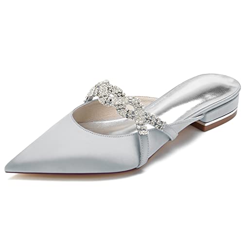 DANOBAB Damen Sandalen Spitze Spitze Satin Hochzeit Ballerinas für Braut Slip On Strass Abendschuhe,Silber,42 von DANOBAB
