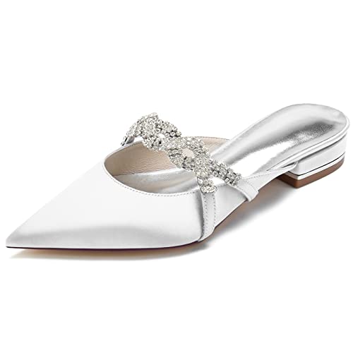 DANOBAB Damen Sandalen Spitze Spitze Satin Hochzeit Ballerinas für Braut Slip On Strass Abendschuhe,Weiß,37 von DANOBAB