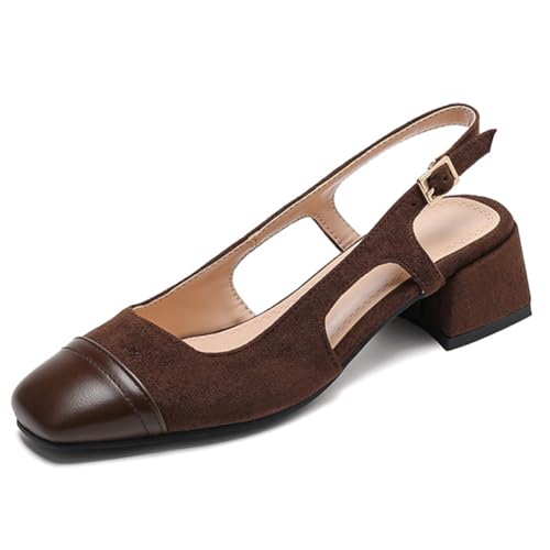 DANOBAB Damen Sandalen mit niedrigem Absatz, geschlossener Zehenpartie, Knöchelverschluss mit Schnalle PU Material, High Heels Sandalen,Braun,32 von DANOBAB