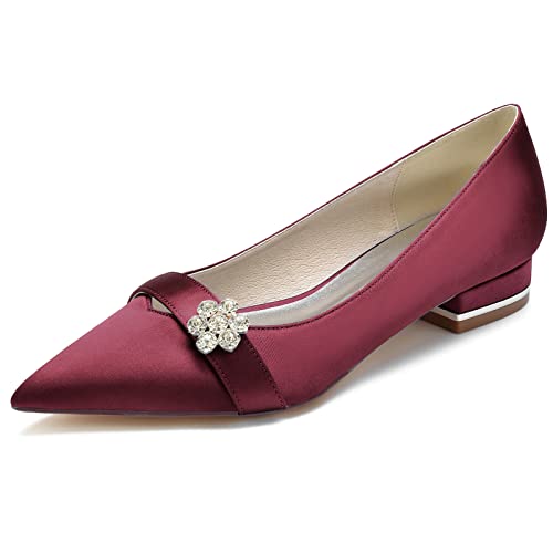 DANOBAB Damen Satin Hochzeitsschuhe - Elegante Flache Pumps mit Spitzzehen, Geschlossenem Zehenbereich, Strass-Verzierung & Slip-On,Burgundy,39 DANOBAB Damen Satin Hochzeitsschuhe - Elegante Flache Pumps mit Spitzzehen, Geschlossenem Zehenbereich, Strass-Verzierung & Slip-On,Burgundy,39 von DANOBAB