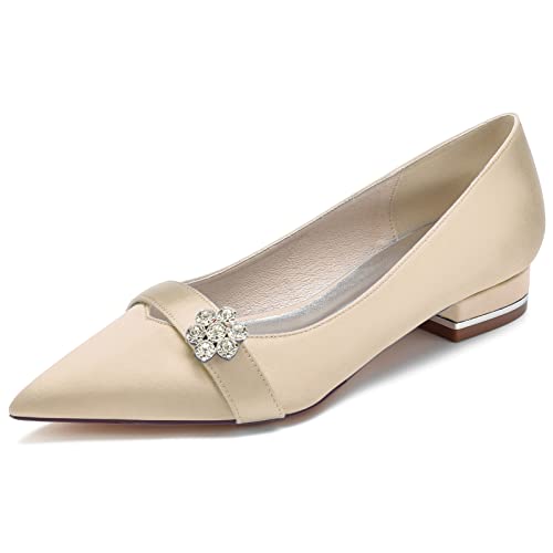 DANOBAB Damen Satin Hochzeitsschuhe - Elegante Flache Pumps mit Spitzzehen, Geschlossenem Zehenbereich, Strass-Verzierung & Slip-On,Champagne,39 DANOBAB Damen Satin Hochzeitsschuhe - Elegante Flache Pumps mit Spitzzehen, Geschlossenem Zehenbereich, Strass-Verzierung & Slip-On,Champagne,39 von DANOBAB