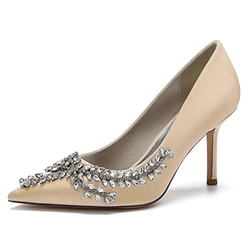 DANOBAB Damen Satin Hochzeitsschuhe für die Braut Hochhackige Brautschuhe mit Spitzer Zehen, Strass Verzierung, Slip-on Hochzeitshöhen,Champagne,42 von DANOBAB