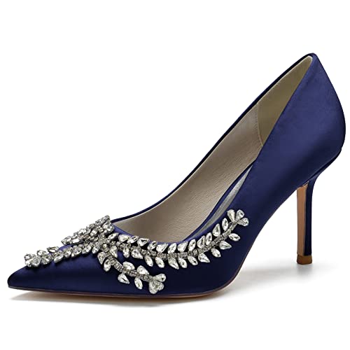 DANOBAB Damen Satin Hochzeitsschuhe für die Braut Hochhackige Brautschuhe mit Spitzer Zehen, Strass Verzierung, Slip-on Hochzeitshöhen,Dark Blue,43 DANOBAB Damen Satin Hochzeitsschuhe für die Braut Hochhackige Brautschuhe mit Spitzer Zehen, Strass Verzierung, Slip-on Hochzeitshöhen,Dark Blue,43 von DANOBAB
