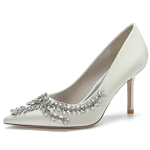 DANOBAB Damen Satin Hochzeitsschuhe für die Braut Hochhackige Brautschuhe mit Spitzer Zehen, Strass Verzierung, Slip-on Hochzeitshöhen,Elfenbein,43 von DANOBAB