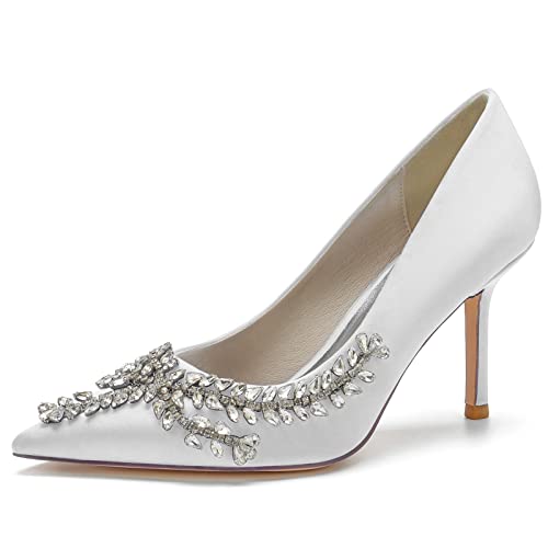 DANOBAB Damen Satin Hochzeitsschuhe für die Braut Hochhackige Brautschuhe mit Spitzer Zehen, Strass Verzierung, Slip-on Hochzeitshöhen,Weiß,36 von DANOBAB