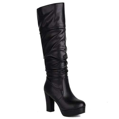 DANOBAB Damen Stiefel Mit High Heels Bis Zum Knie Und Bequeme Herbststiefel Zum anziehen, Modische Und Komfortable Damen-Wanderstiefel,Schwarz,35 von DANOBAB