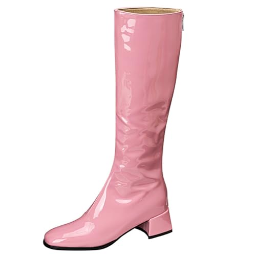 DANOBAB Damen Stiefel aus Lackleder mit quadratischem Zehenbereich und mittlerem Absatz, hohe Damen-Stiefel mit Blockabsatz für Herbst/Winter,Rosa,43 von DANOBAB