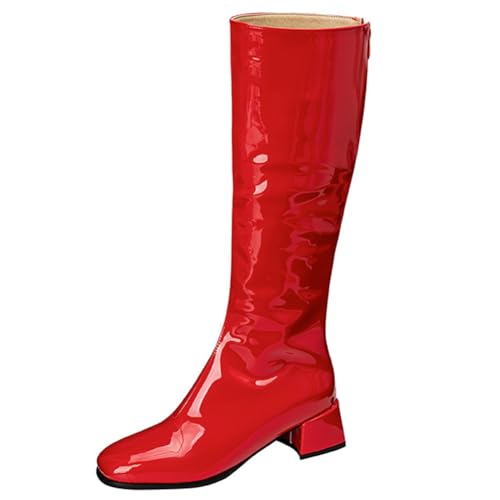 DANOBAB Damen Stiefel aus Lackleder mit quadratischem Zehenbereich und mittlerem Absatz, hohe Damen-Stiefel mit Blockabsatz für Herbst/Winter,Rot,33 von DANOBAB