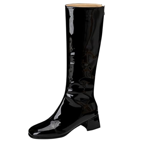 DANOBAB Damen Stiefel aus Lackleder mit quadratischem Zehenbereich und mittlerem Absatz, hohe Damen-Stiefel mit Blockabsatz für Herbst/Winter,Schwarz,38 von DANOBAB
