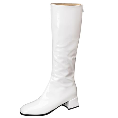 DANOBAB Damen Stiefel aus Lackleder mit quadratischem Zehenbereich und mittlerem Absatz, hohe Damen-Stiefel mit Blockabsatz für Herbst/Winter,Weiß,46 von DANOBAB
