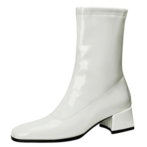 DANOBAB Damen Stiefel mit High Heel, Chelsea-Stiefel, Wander-Stiefeletten, Wasserdichte Stiefel mit Chunky Heel und Profilsohle, mit Reißverschluss,Weiß,41 von DANOBAB