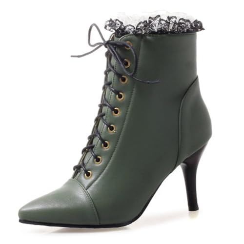 DANOBAB Damen Stiefel mit High Heels, Wasserdichte Walking-Stiefel bis zum Knöchel, Schwarze Schnür-Combat-Booties, Booties mit seitlichem,Grün,46 von DANOBAB