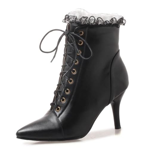 DANOBAB Damen Stiefel mit High Heels, Wasserdichte Walking-Stiefel bis zum Knöchel, Schwarze Schnür-Combat-Booties, Booties mit seitlichem,Schwarz,44 von DANOBAB