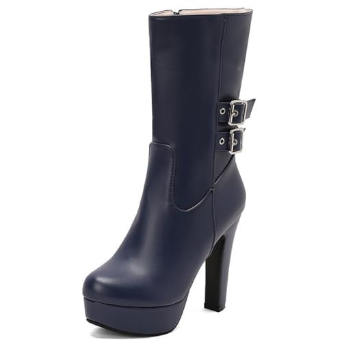 DANOBAB Damen Stiefel mit High Heels - Mode, seitlicher Reißverschluss, hohe Schuhe, wasserdichte Plateaustiefel, Stiefeletten mit Spitzzehe und kurzem Schaft,Blau,38 von DANOBAB