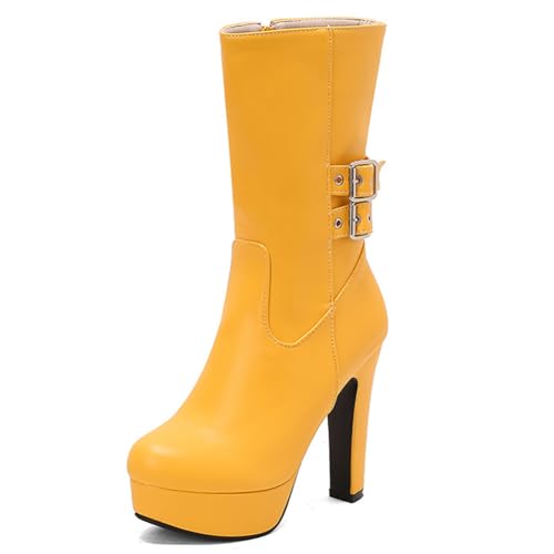 DANOBAB Damen Stiefel mit High Heels - Mode, seitlicher Reißverschluss, hohe Schuhe, wasserdichte Plateaustiefel, Stiefeletten mit Spitzzehe und kurzem Schaft,Gelb,42 von DANOBAB