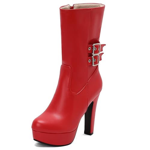 DANOBAB Damen Stiefel mit High Heels - Mode, seitlicher Reißverschluss, hohe Schuhe, wasserdichte Plateaustiefel, Stiefeletten mit Spitzzehe und kurzem Schaft,Rot,35 von DANOBAB